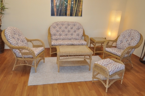 Ratanová sedací souprava Florida medová - polstry motiv růžičky