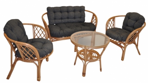 Ratanová sedací souprava Bahama tmavý med velká polstry tmavě šedý melír